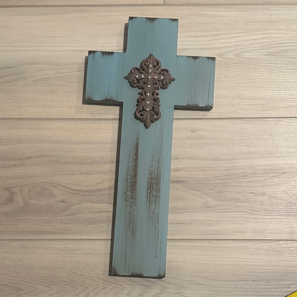 Decorative Blue Wooden Cross with Metal Accent